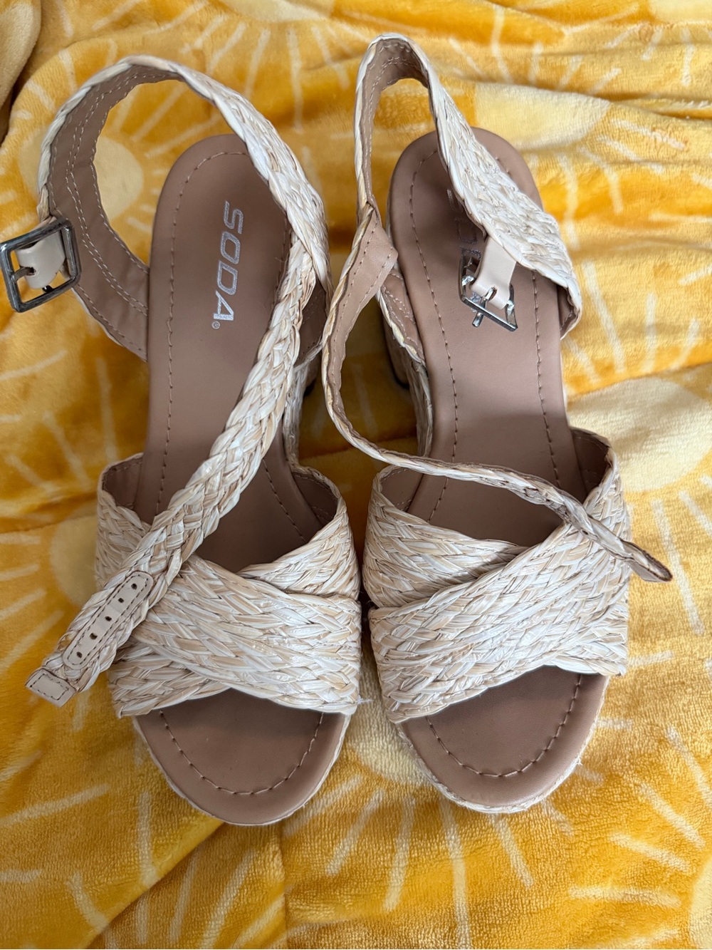 SODA Women's Cream Braided Wedge Sandals